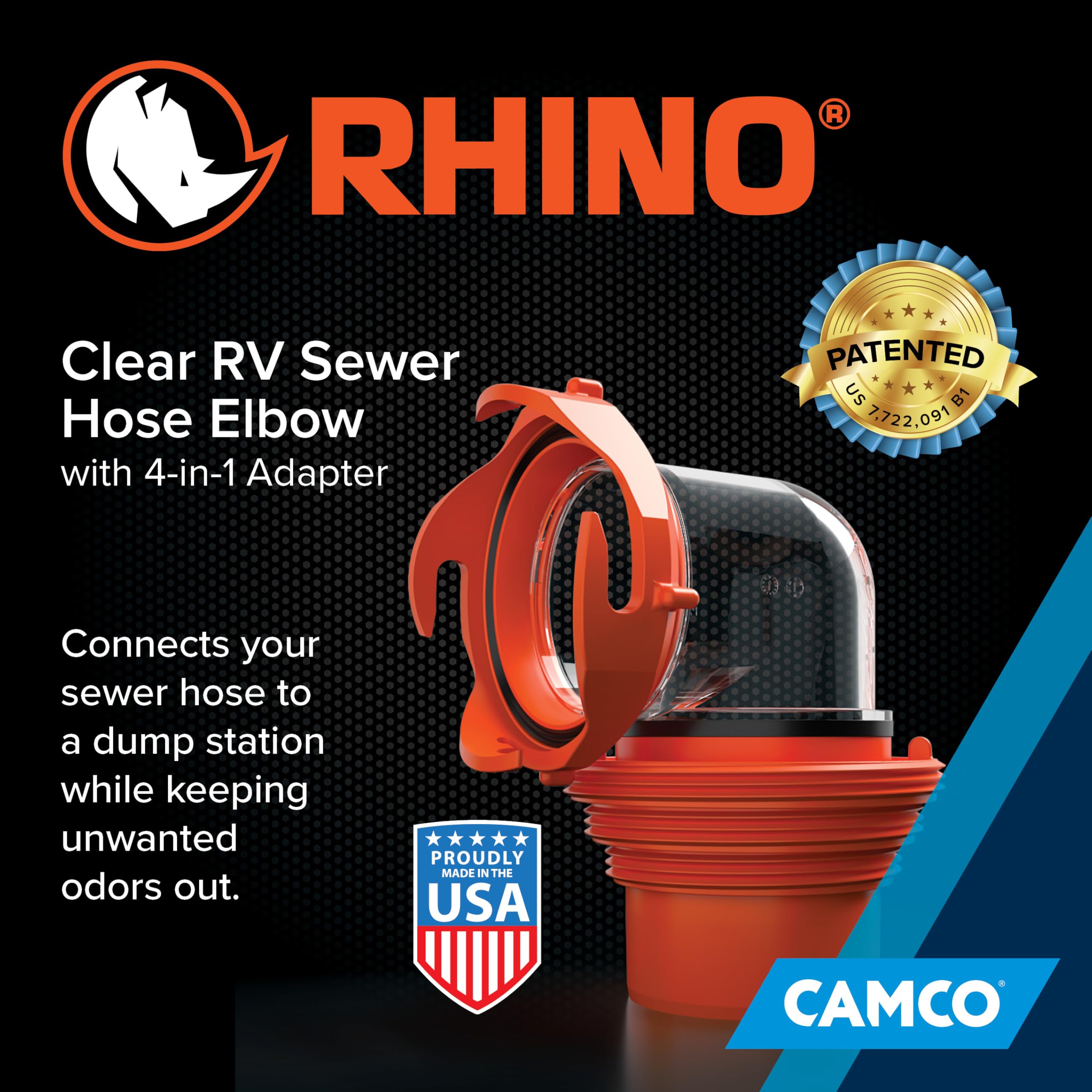 Camco Rhino elbow transparency close-up showing flow visibility for confident draining