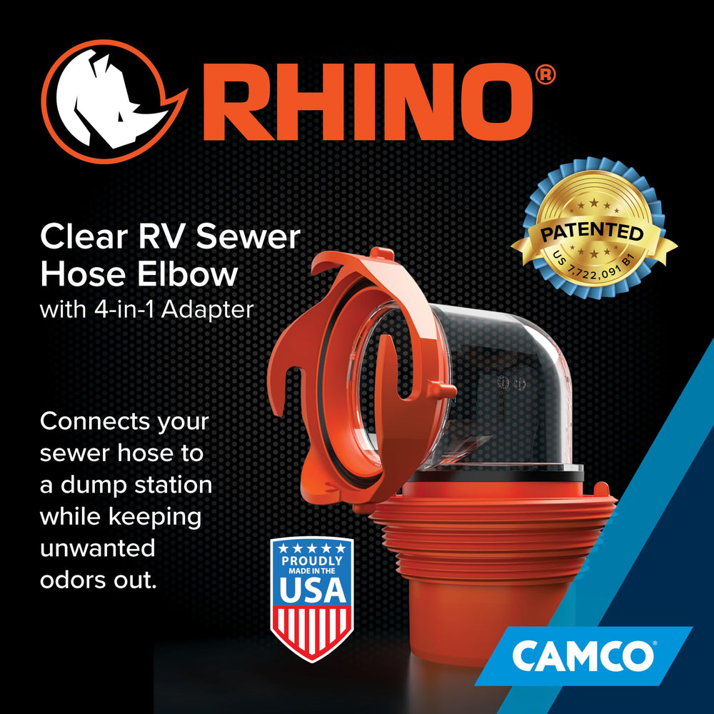 Camco Rhino elbow transparency close-up showing flow visibility for confident draining