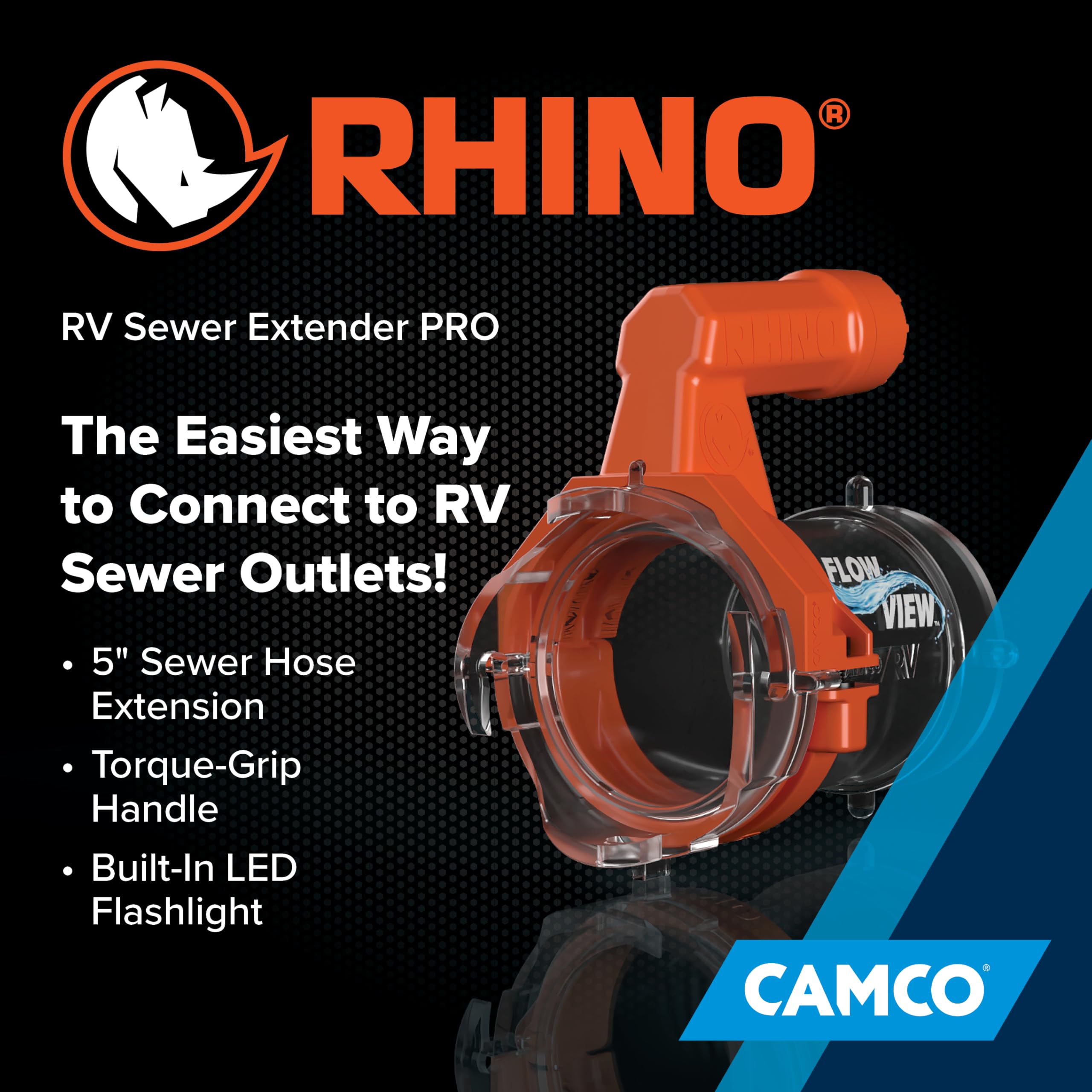 Camco Rhino bayonet end detail showing secure connection for leak prevention