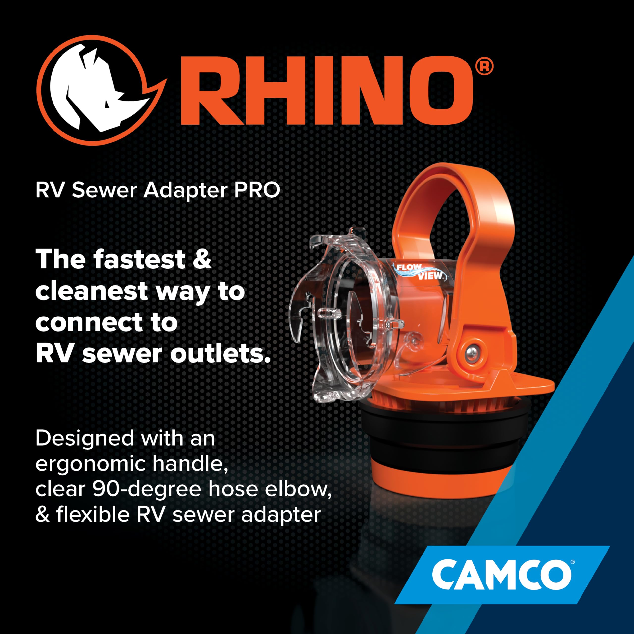 Camco adapter next to measuring tape showing compact size and fit