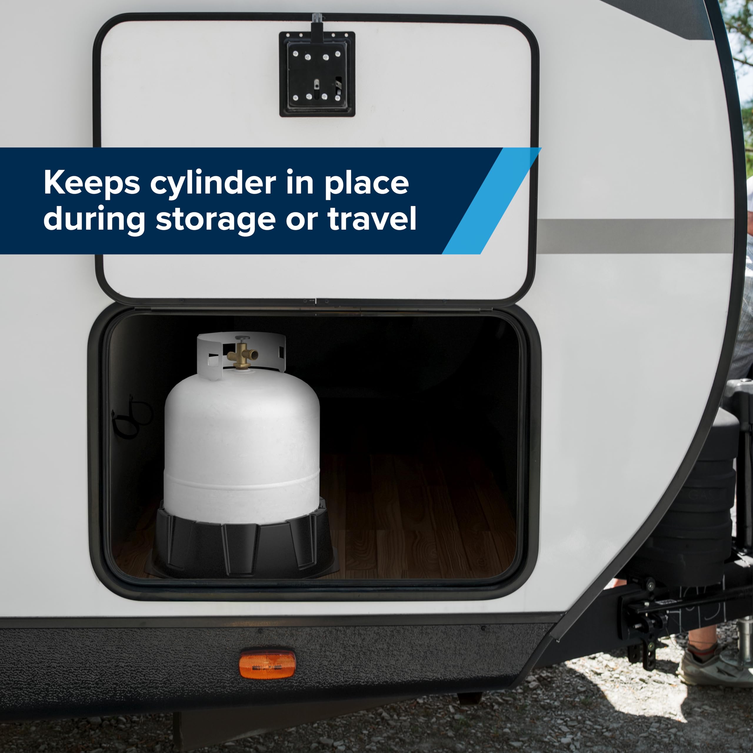 Camco base under 30 lb propane tank demonstrating stable, wider footprint