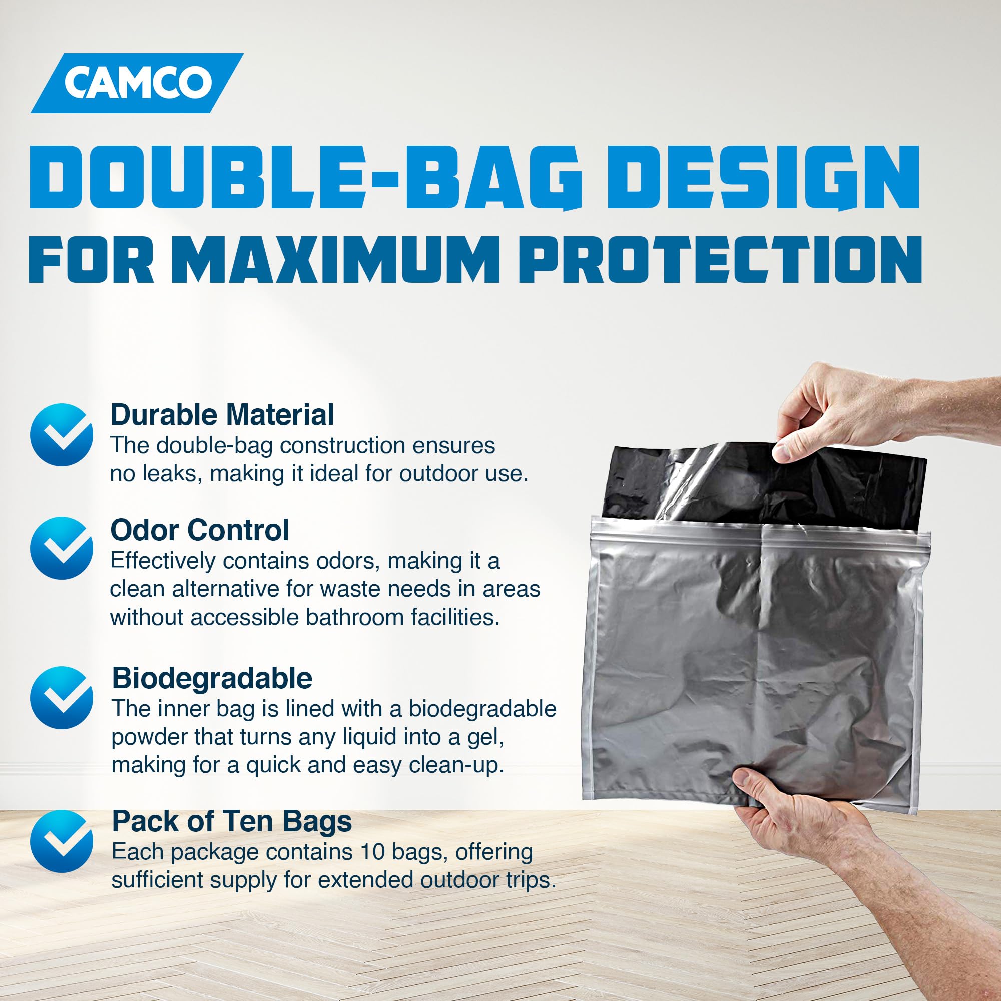 Camco sealed waste bag ready for hygienic, odor-reduced disposal