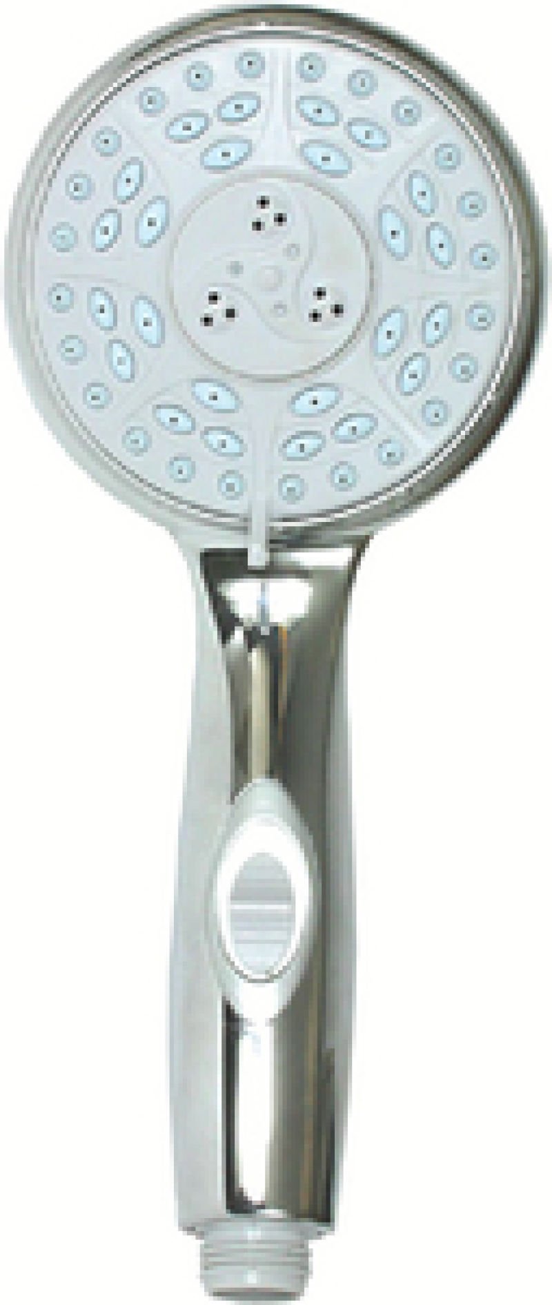 Camco shower head held with hose illustrating compact size and easy on/off control