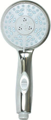 Camco shower head held with hose illustrating compact size and easy on/off control