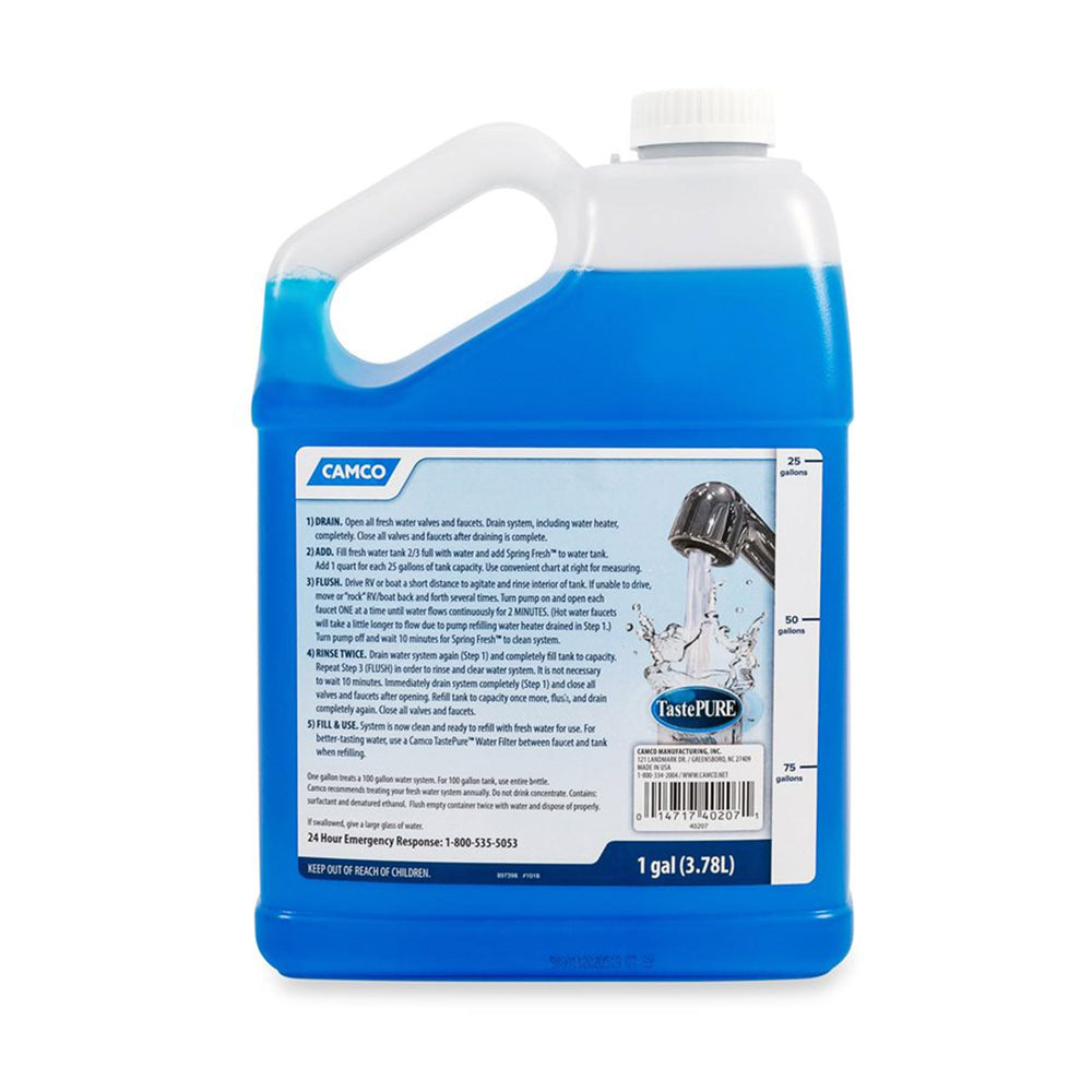 Camco bottle in boat setting for dewinterizing freshwater system