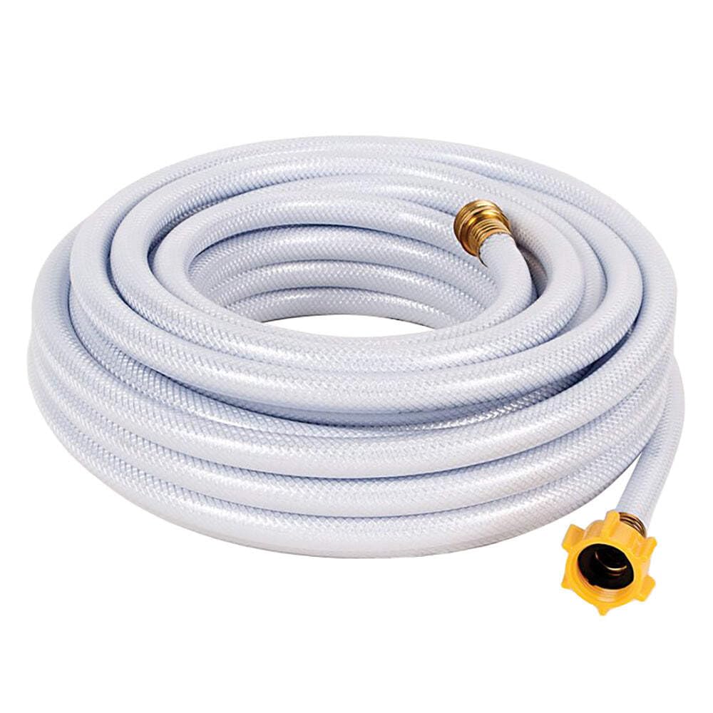 Camco TastePURE front view showing 25‑ft potable hose and connectors for reliable water access