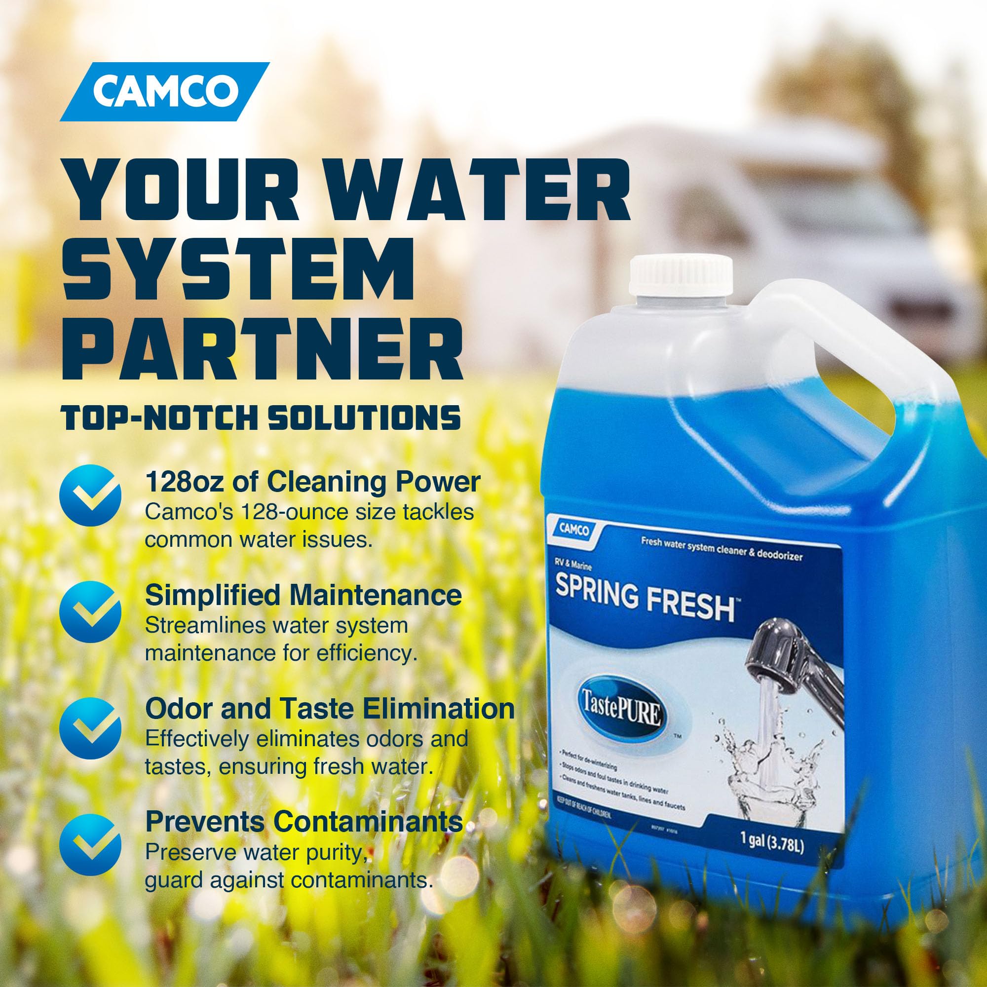 Camco bottle being poured into tank inlet for easy application