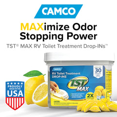 Camco close-up of a dissolving Lemon Drop-IN pod highlighting fast-acting formula benefit