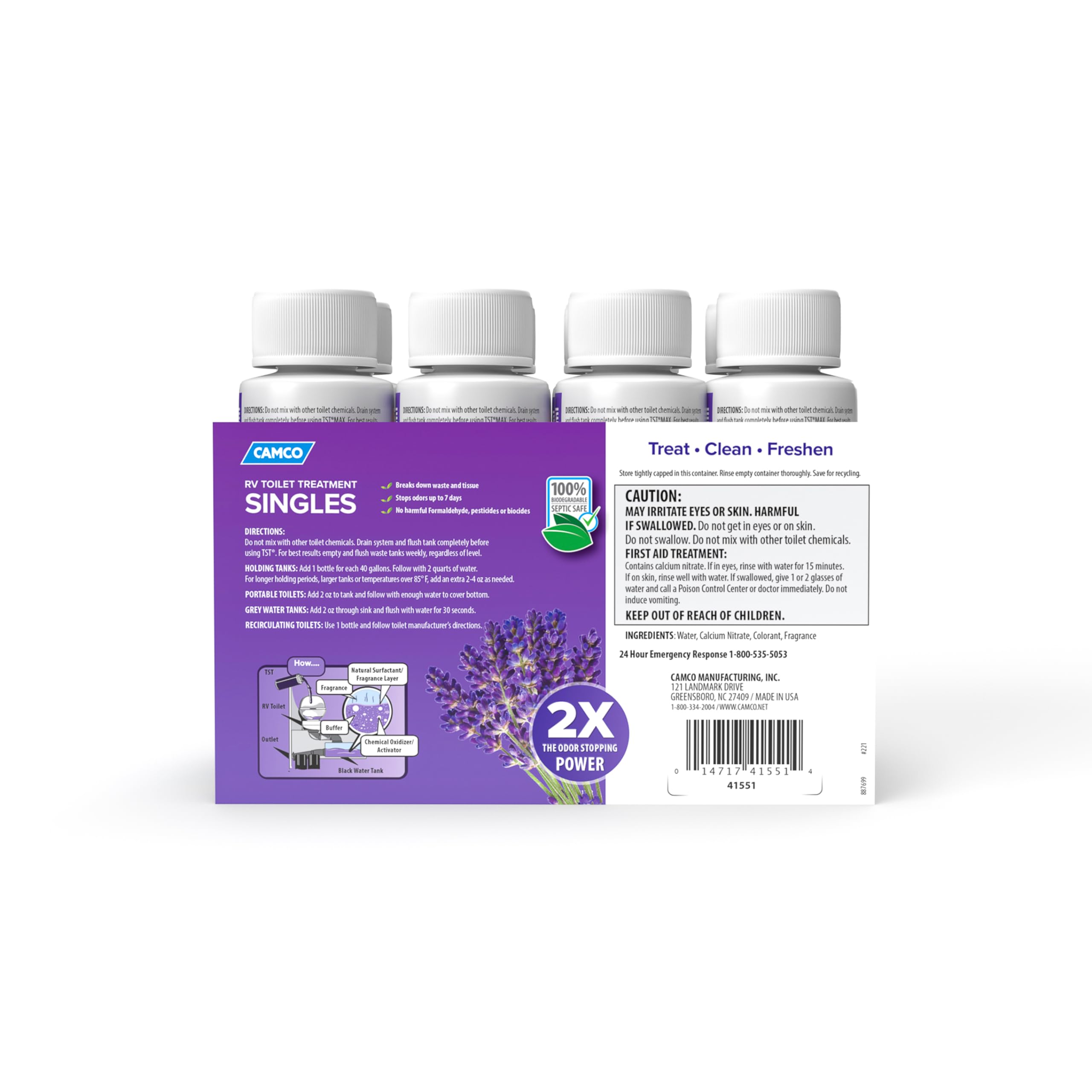 Camco label close-up showing lavender scent and biodegradable benefit