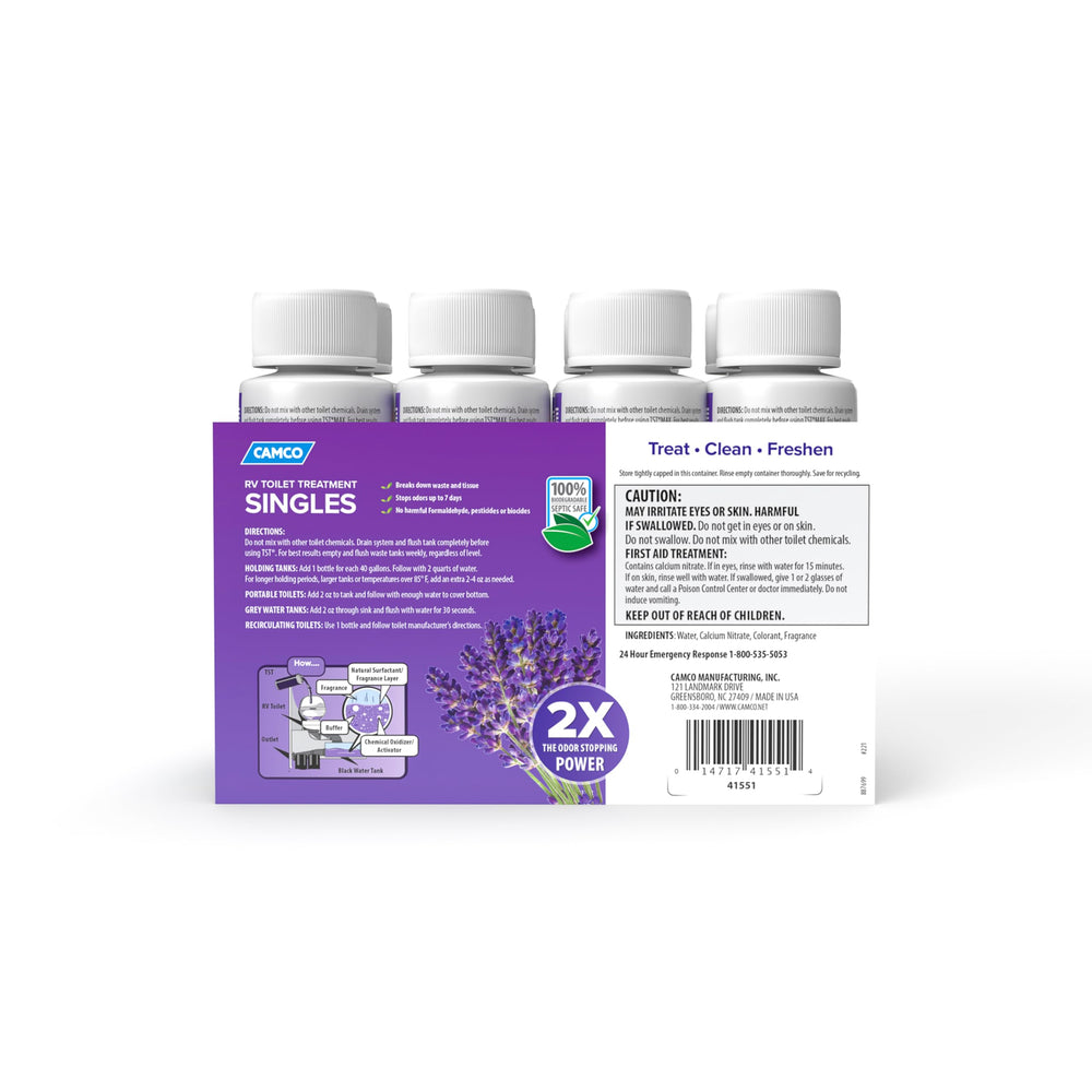 Camco label close-up showing lavender scent and biodegradable benefit