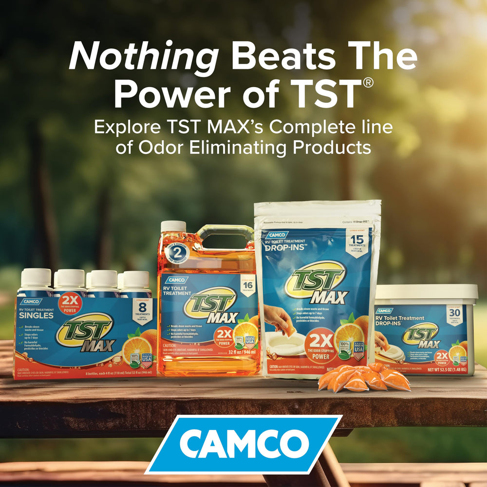Camco TST MAX label close-up made in USA indicating trusted manufacturing