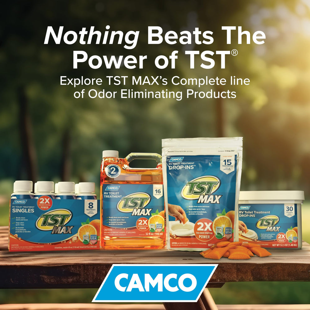 Camco TST MAX on campsite counter conveying fresh-smelling RV interior