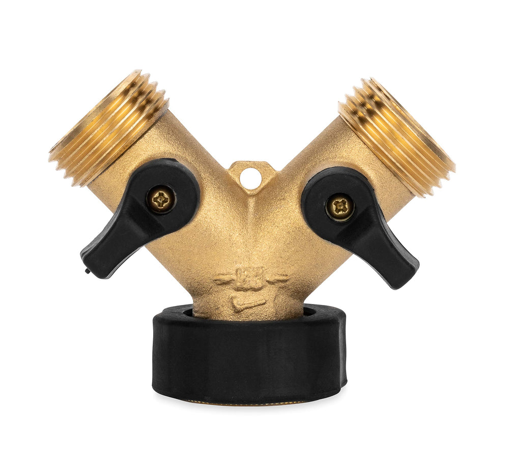 Camco wye valve front view showing dual outlets and durable brass body benefit: reliable splitting