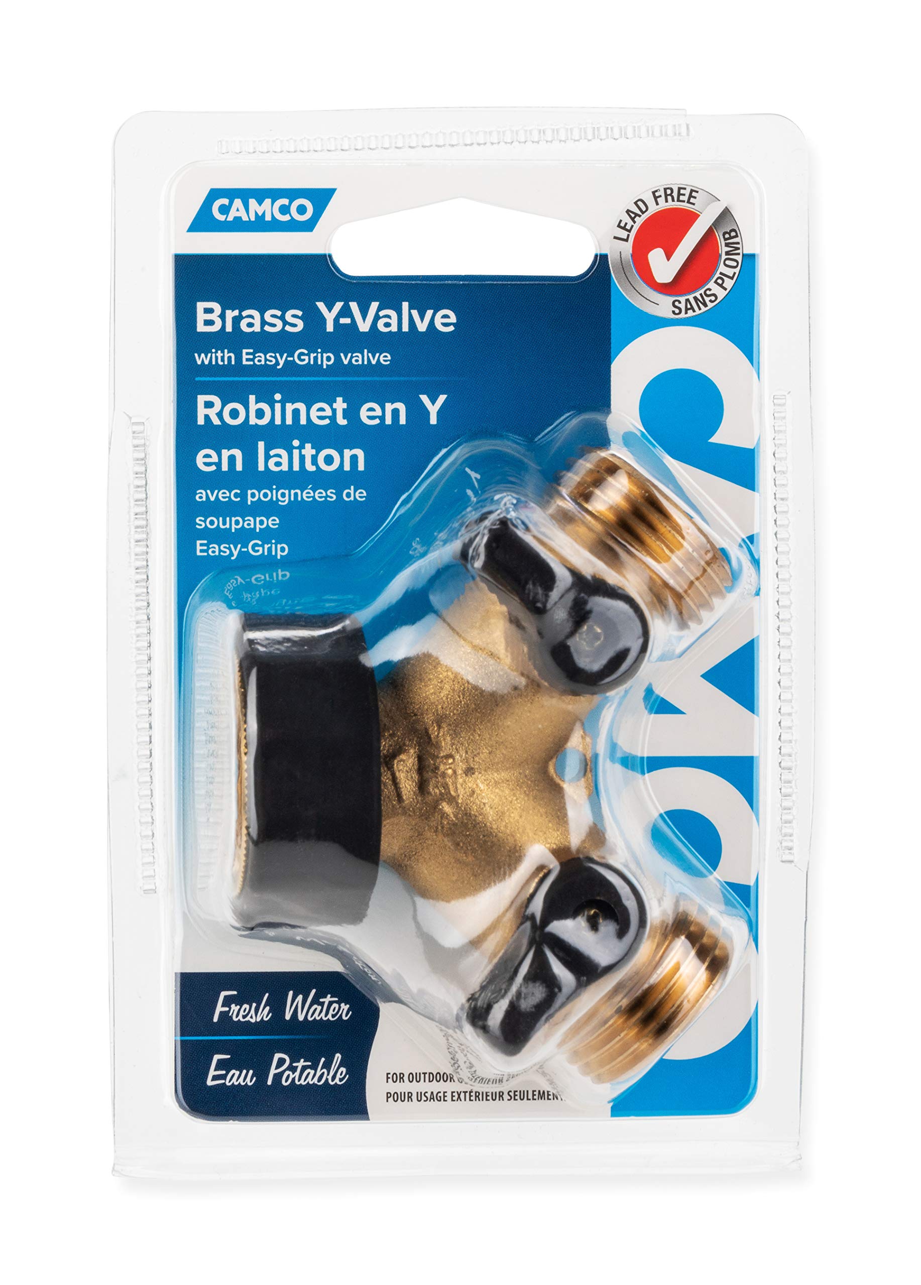 Camco valve next to ruler showing compact size benefit: space-saving installation