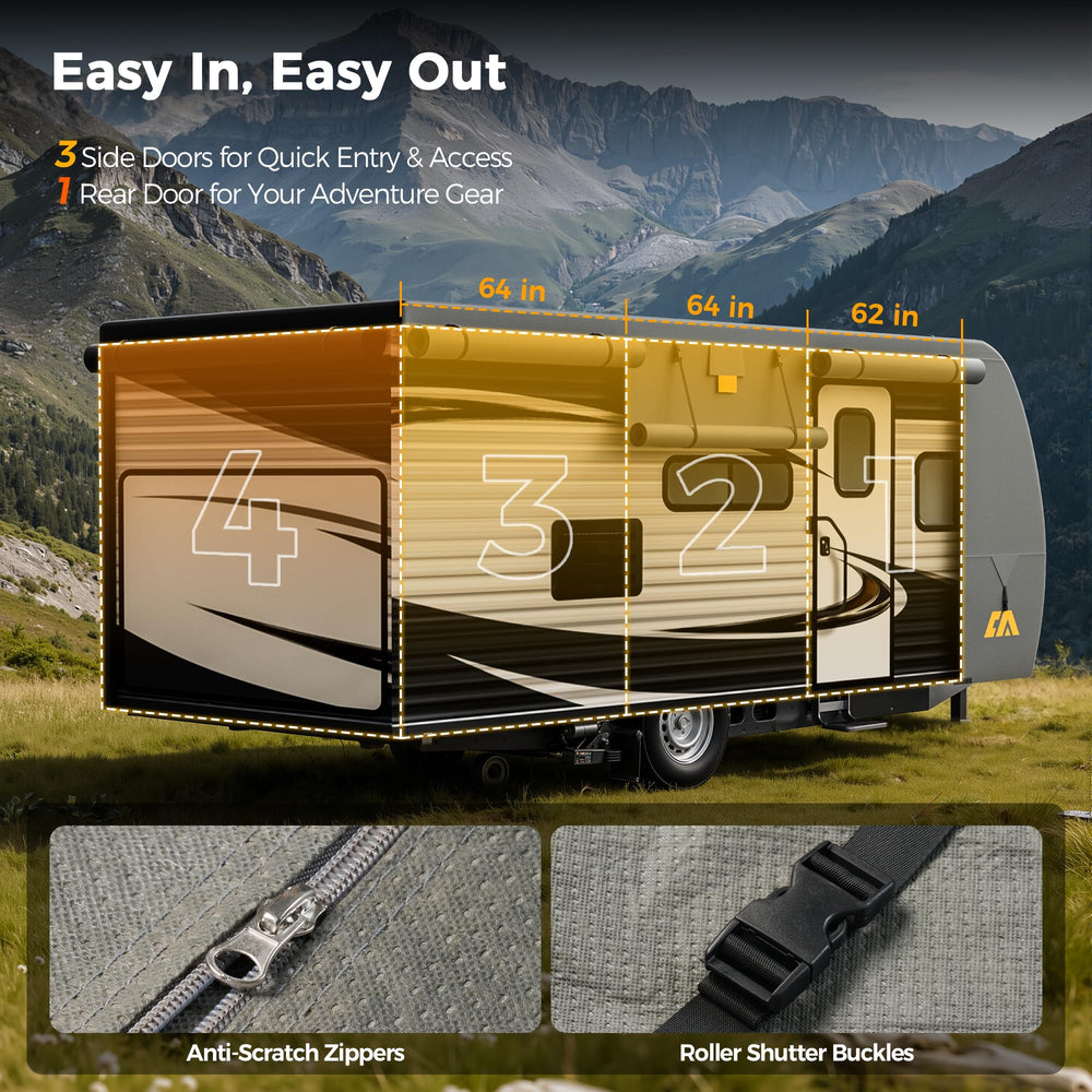 CAMMOO cover on parked trailer showing stylish black-and-orange finish