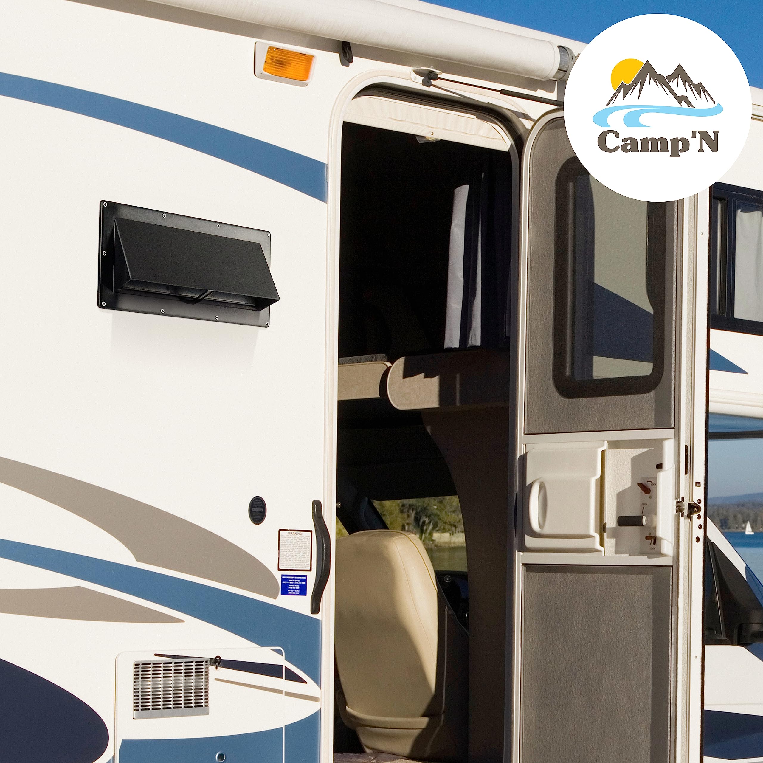 Camp'N vent cover on camper during camping trip illustrating durable protection