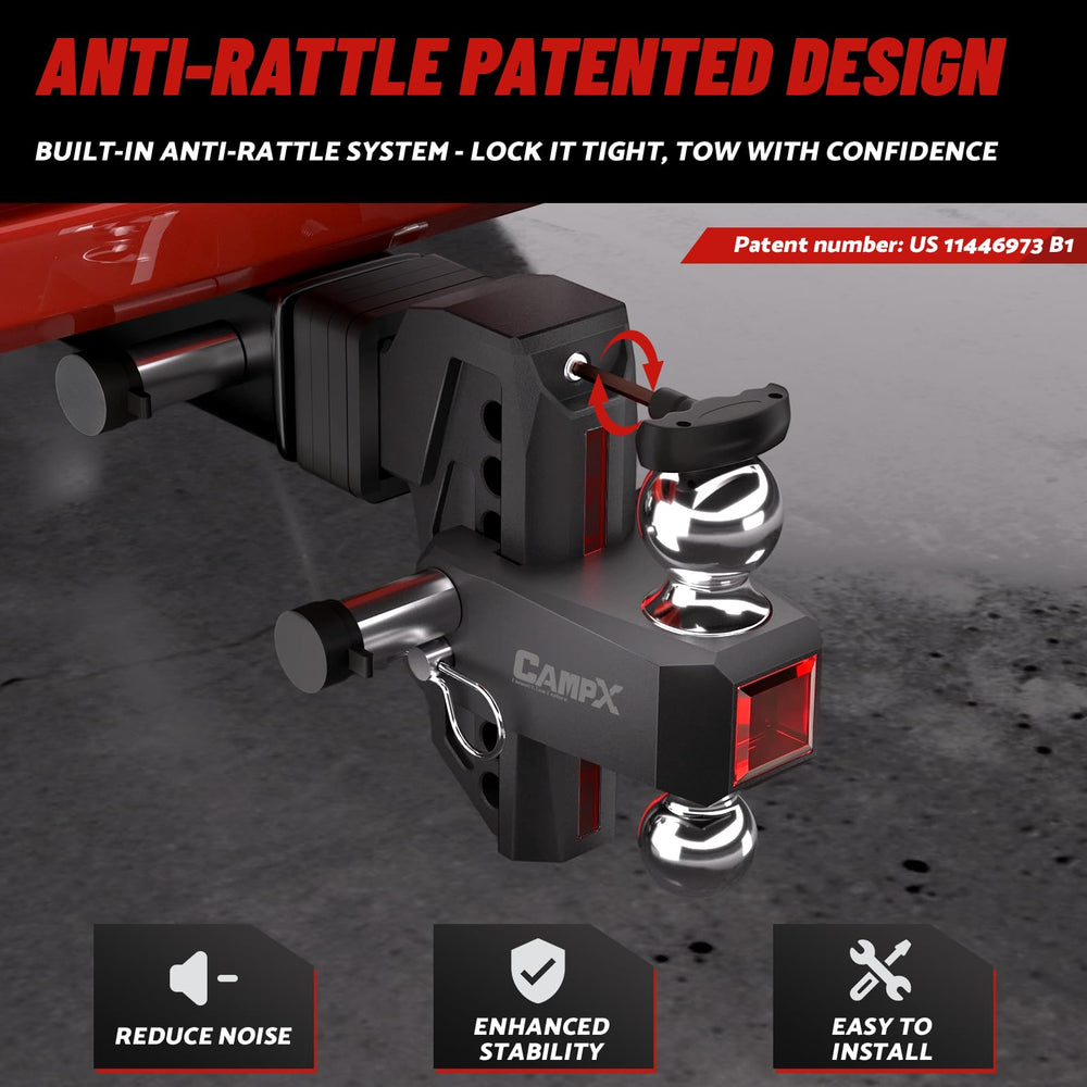 CAMPX close-up of dual ball and locking mechanism for secure towing connection