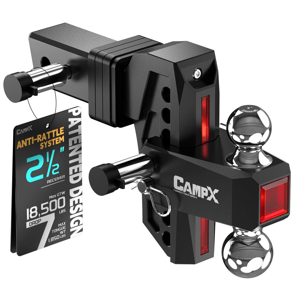 CAMPX front view of adjustable hitch showing receiver compatibility and clear markings