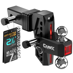 CAMPX front view of adjustable hitch showing receiver compatibility and clear markings
