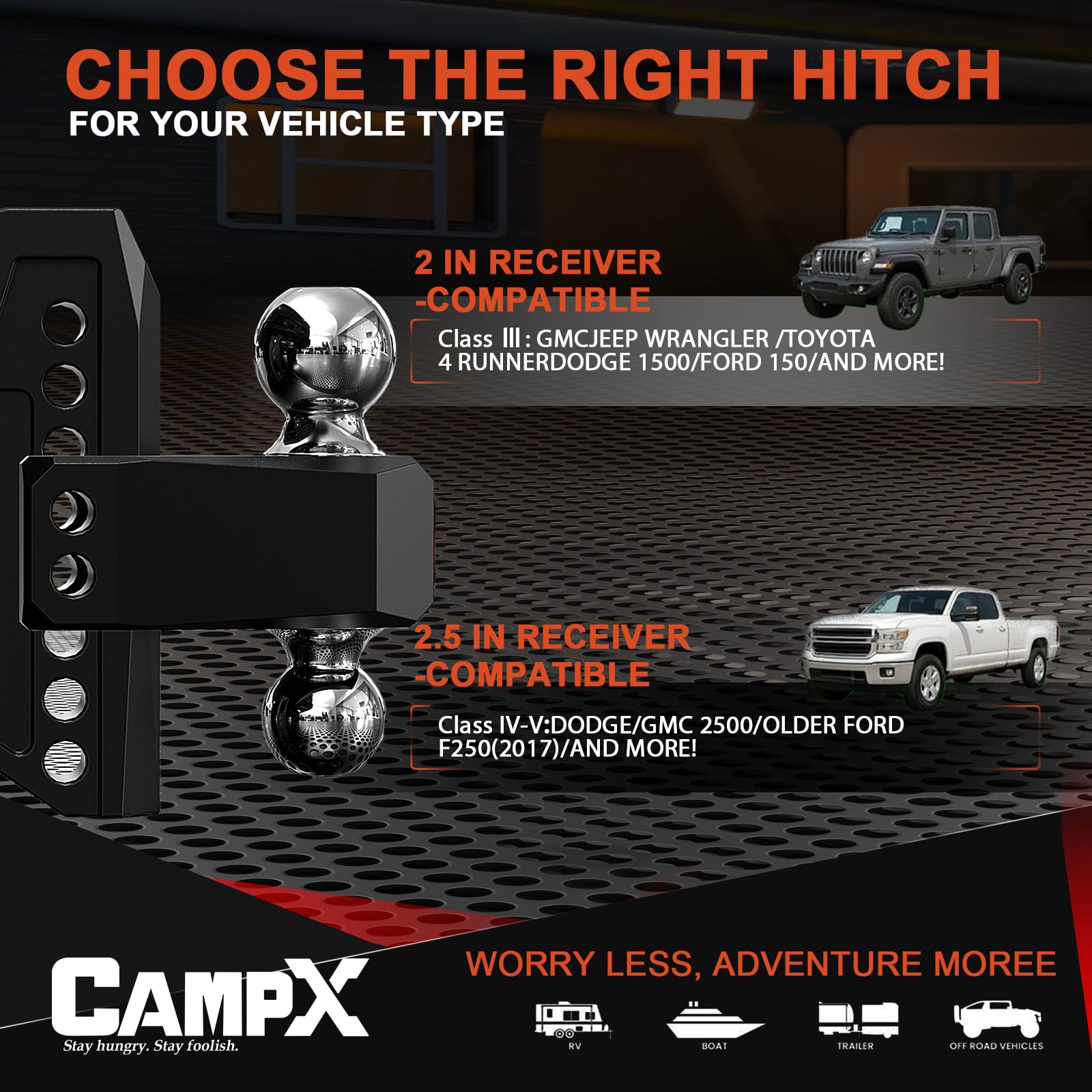 CAMPX hitch next to ruler illustrating 7-inch drop rise range for accurate setup