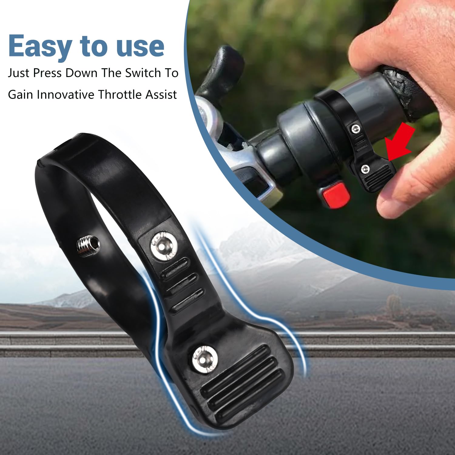 Rider using Canitu thumb throttle illustrating reduced wrist strain benefit