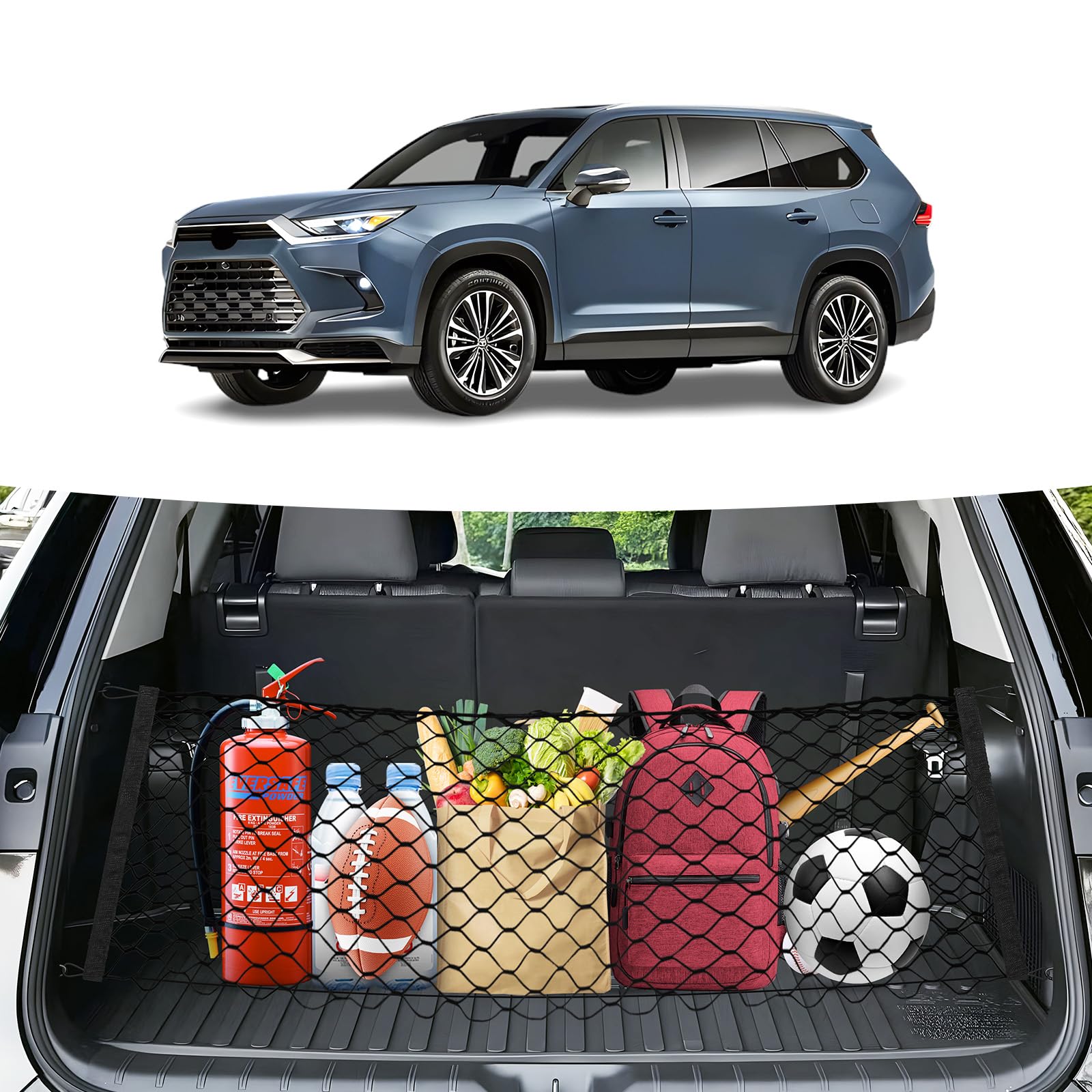 Canvcle front packaging showing trunk net and accessories, easy install benefit
