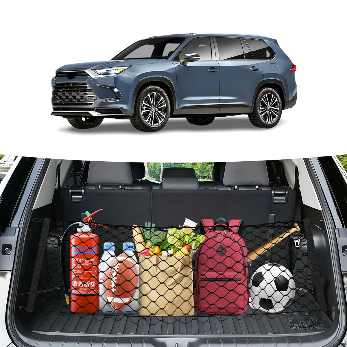 Canvcle front packaging showing trunk net and accessories, easy install benefit