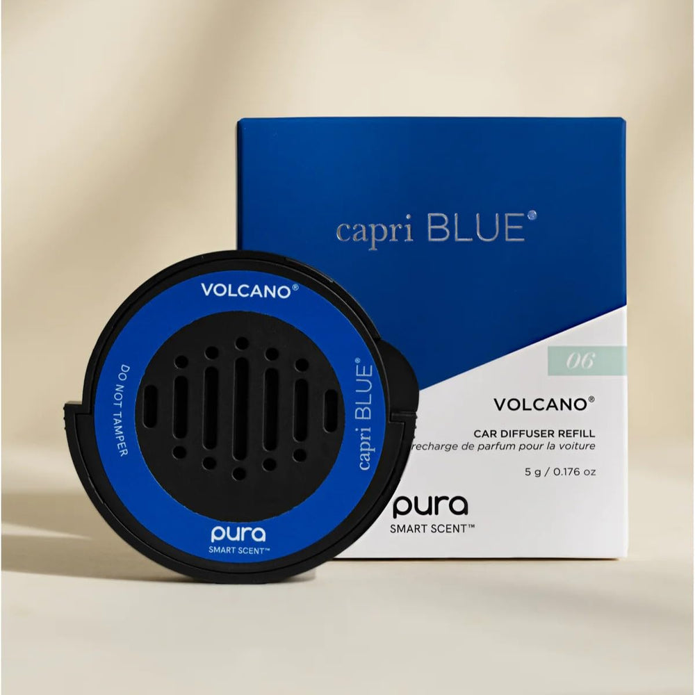 Label view of Capri Blue Volcano refill showing brand details and clear compatibility info