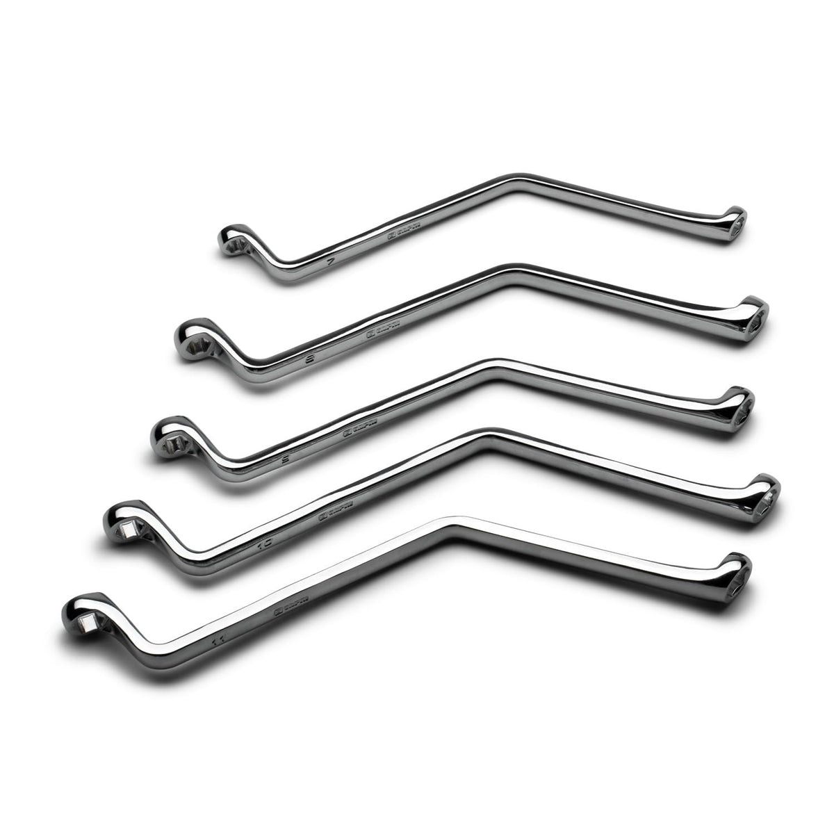 Capri Tools front view of the five-piece angled brake bleeder wrench set showing sizes and finish, durable