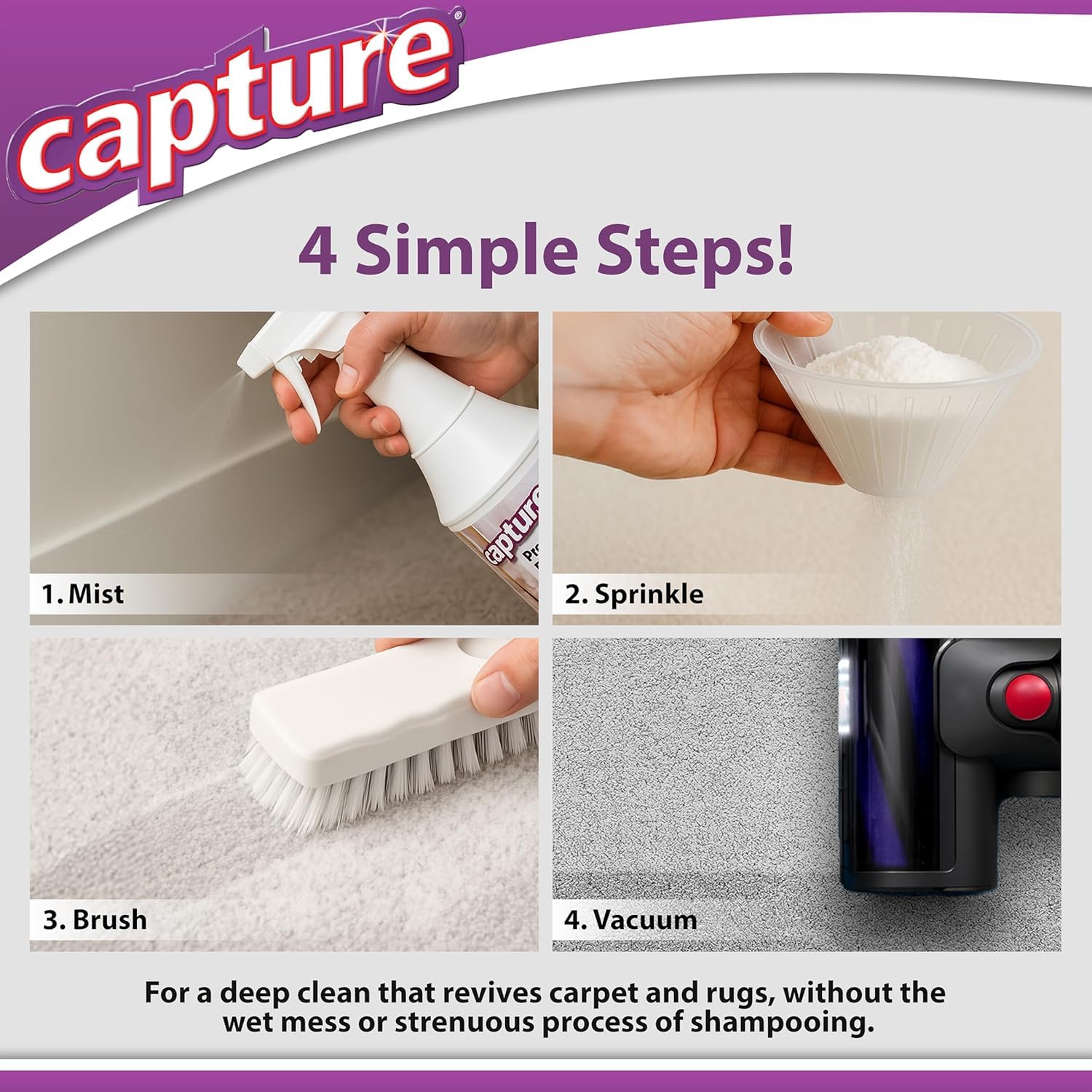 Capture living room with refreshed carpet after using Capture kit