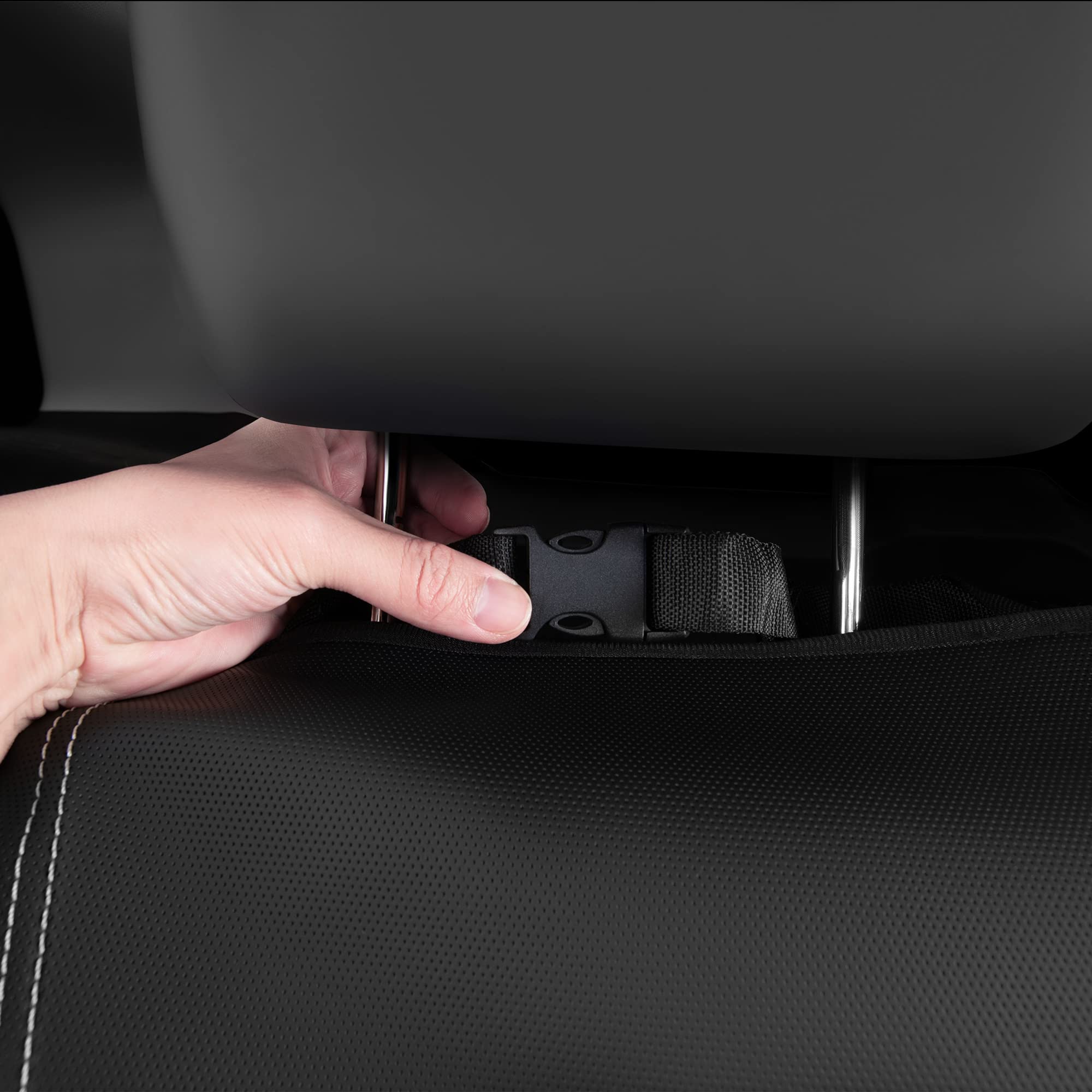 CAR PASS headrest and strap detail showing secure installation benefit