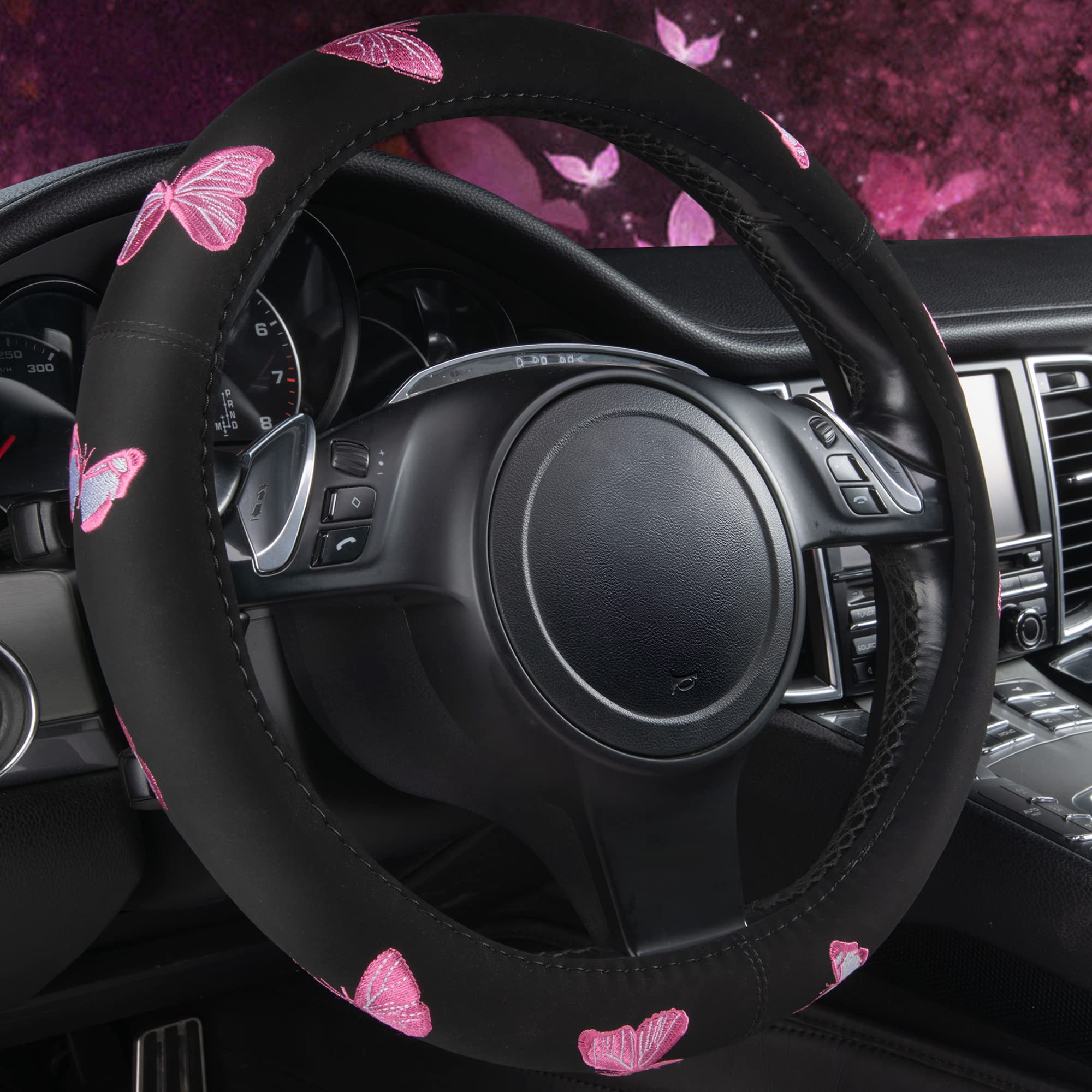 CAR PASS front view of pink butterfly steering wheel cover showing design and fit
