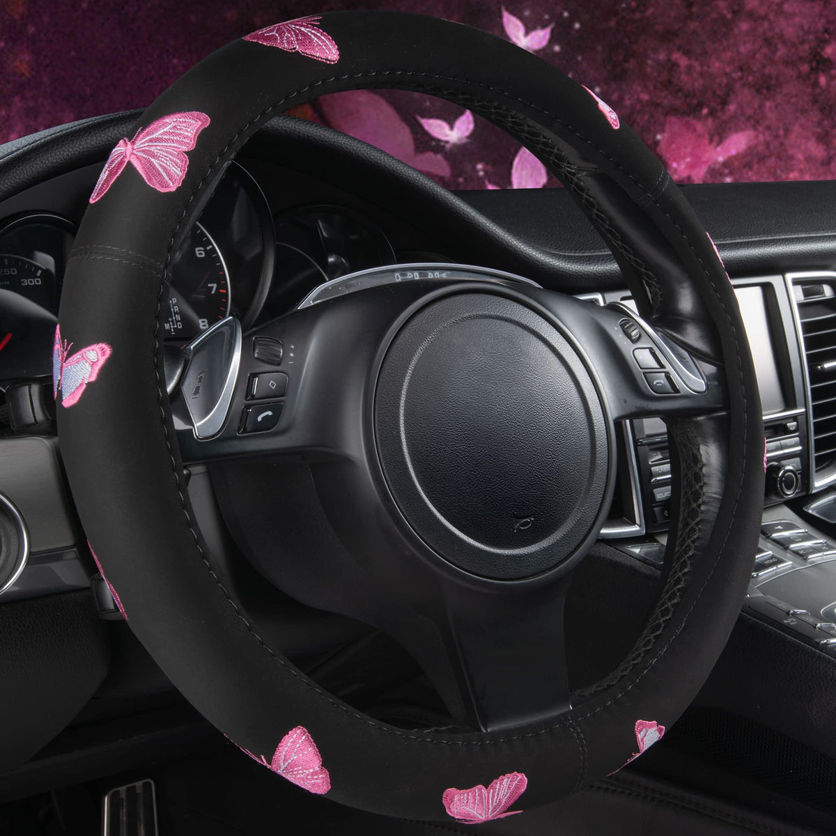 CAR PASS front view of pink butterfly steering wheel cover showing design and fit