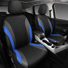 CAR PASS front seat covers installed, showing sporty black and blue upgrade