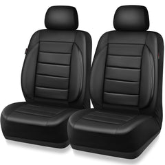 CAR PASS packaging and contents showing two front seat covers, easy unboxing benefit