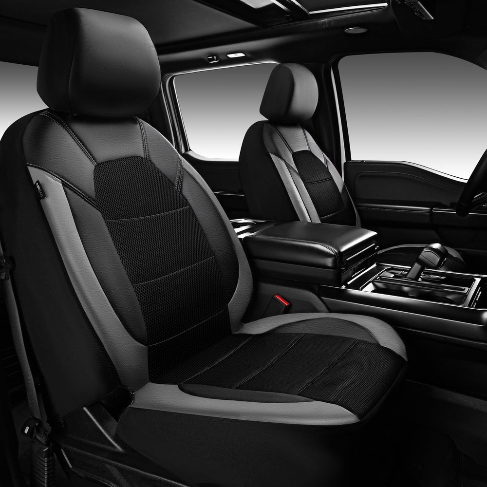 CAR PASS packaging showing two front seat covers and headrest covers, clear product benefit