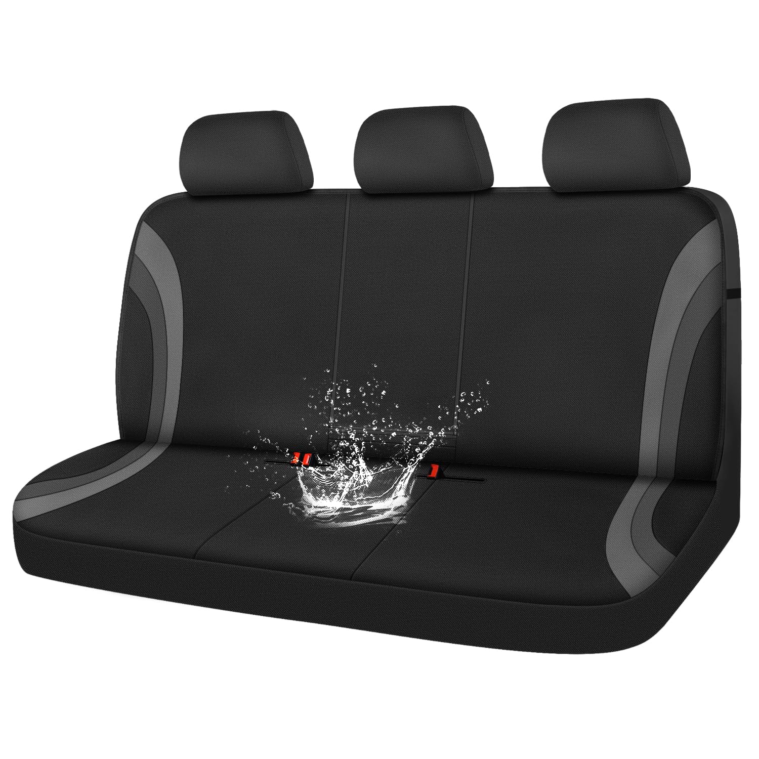 CAR PASS front view of gray and black bench cover showing full rear protection and style