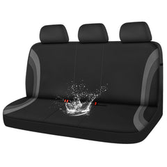CAR PASS front view of gray and black bench cover showing full rear protection and style