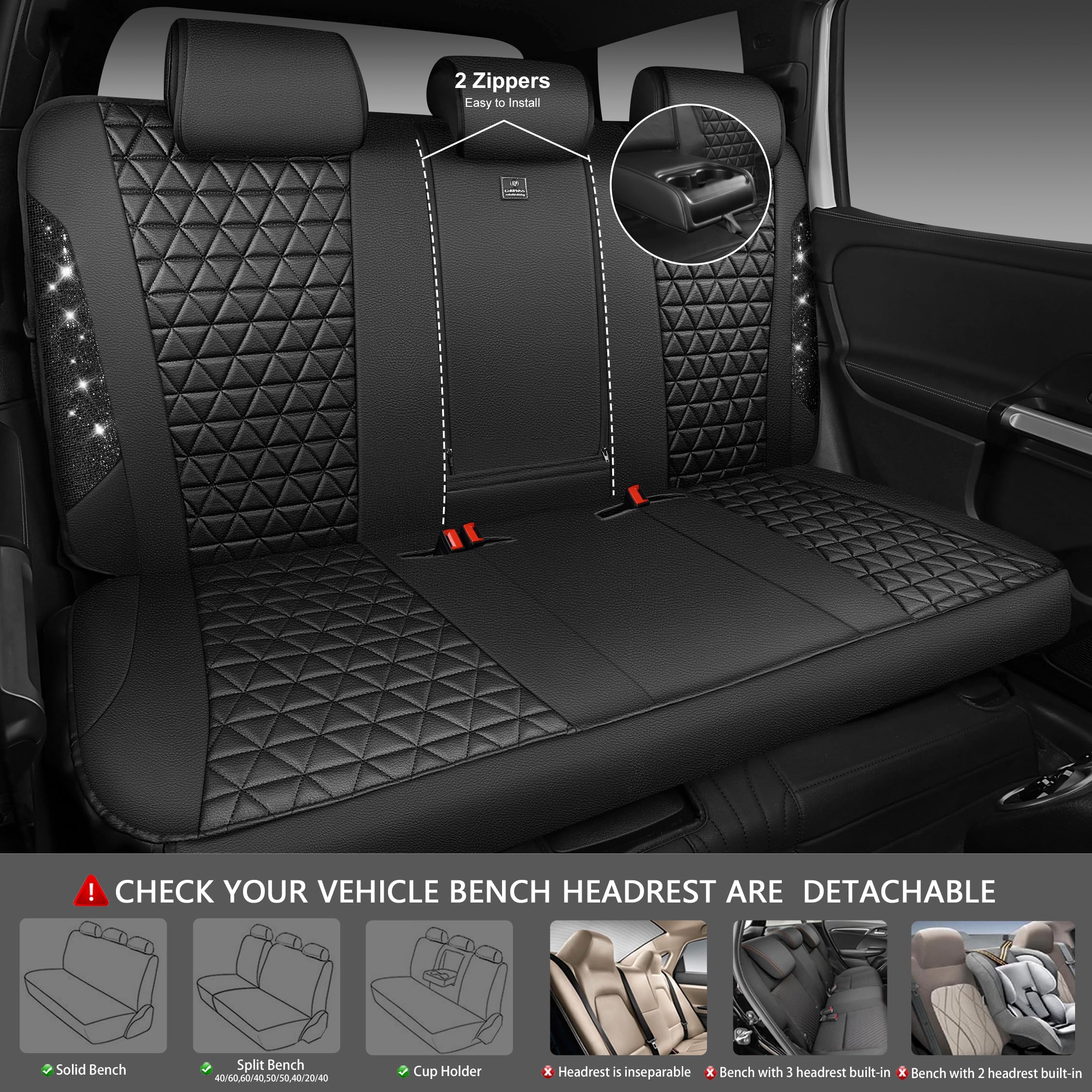 CAR PASS removable headrest cover detail showing snug fit and coordinated bling style