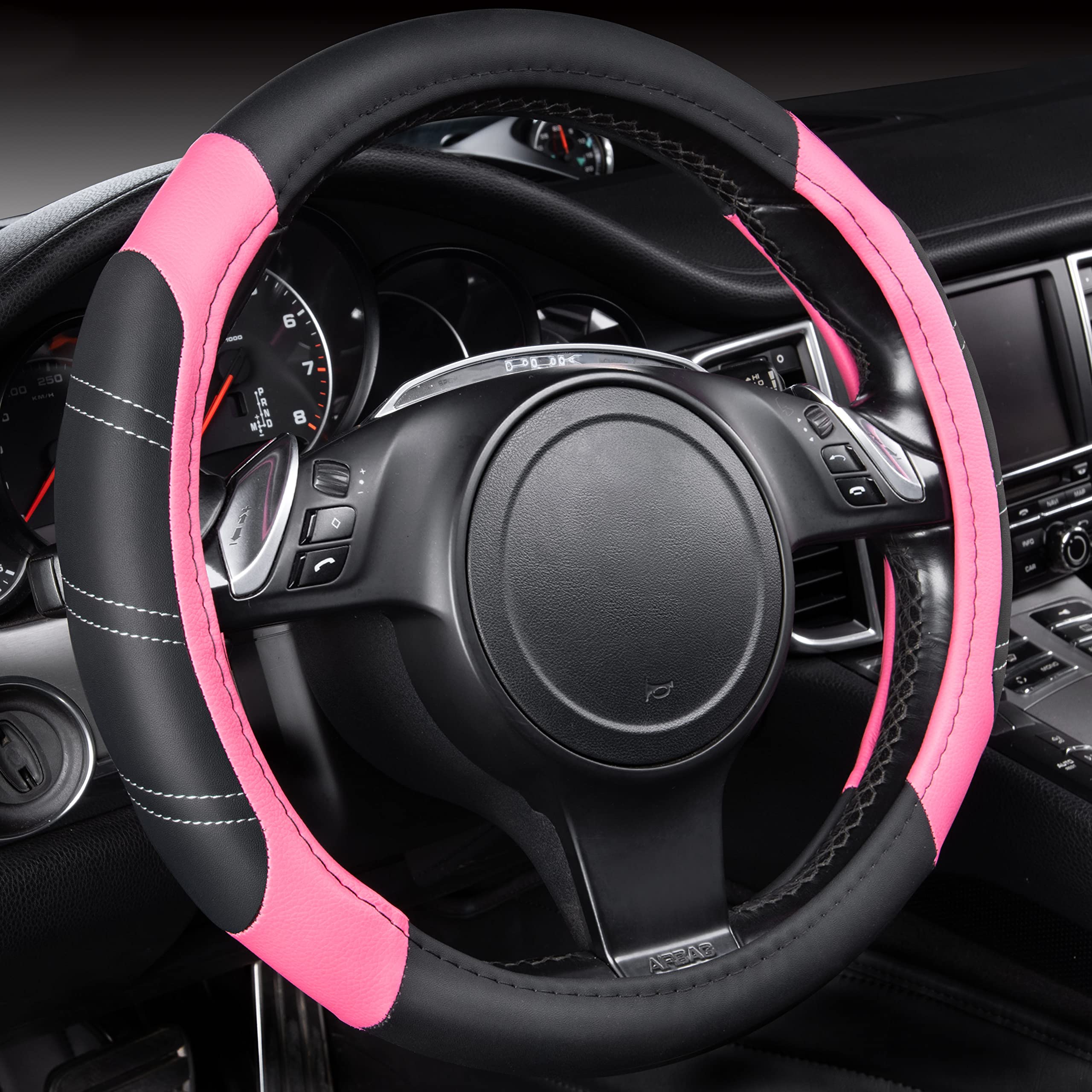 CAR PASS front view of steering wheel cover shows sporty black pink styling and improved aesthetics