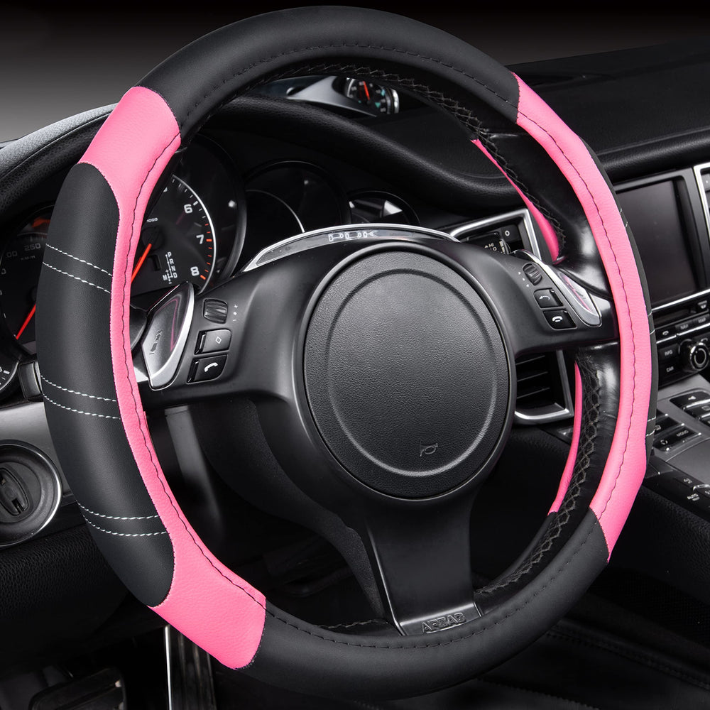 CAR PASS front view of steering wheel cover shows sporty black pink styling and improved aesthetics