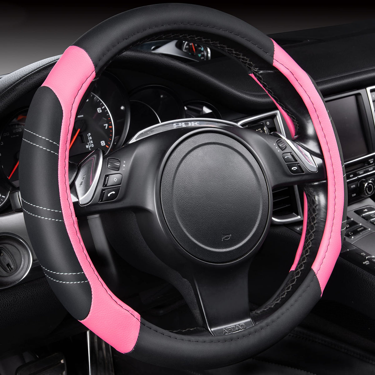 CAR PASS front view of steering wheel cover shows sporty black pink styling and improved aesthetics