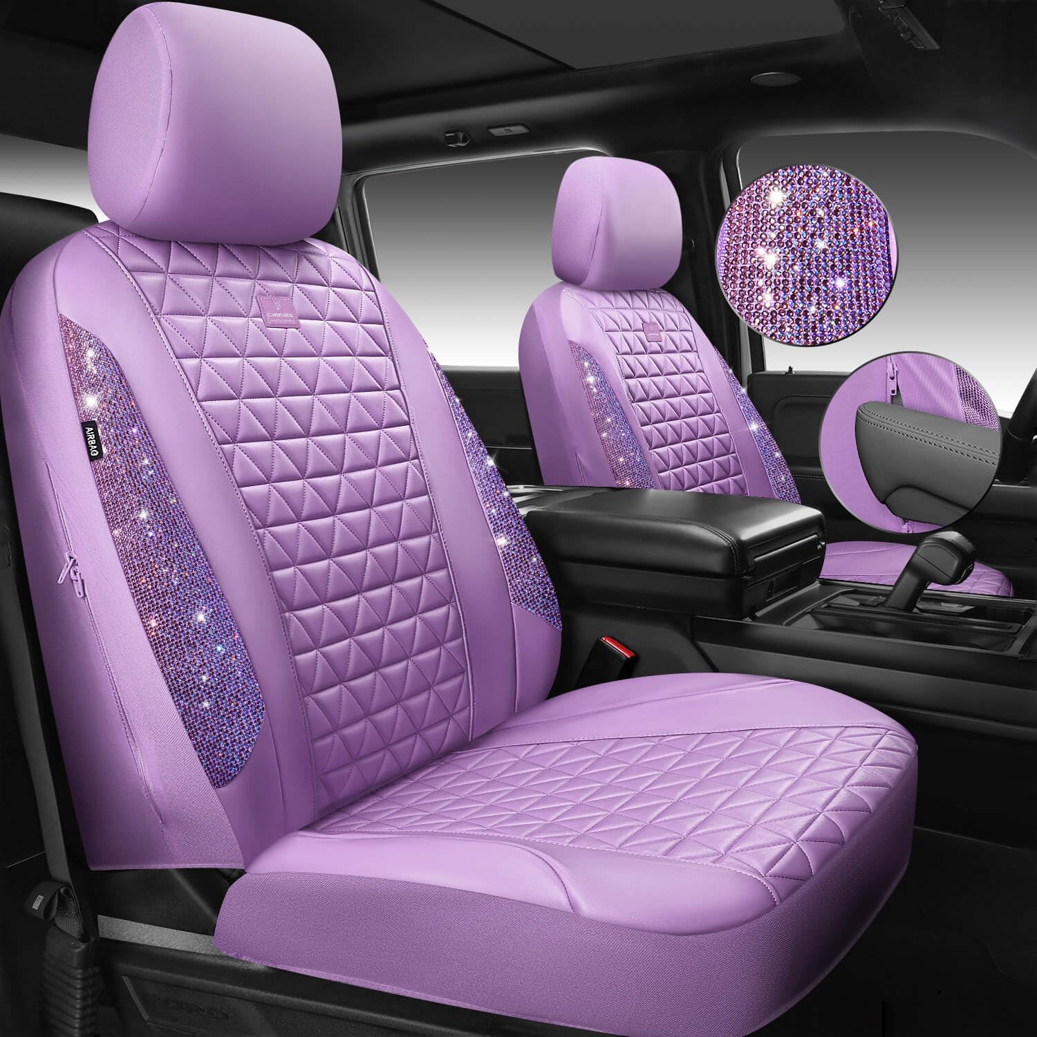 CAR PASS close-up of rhinestones and quilted diamonds highlighting durable sparkle