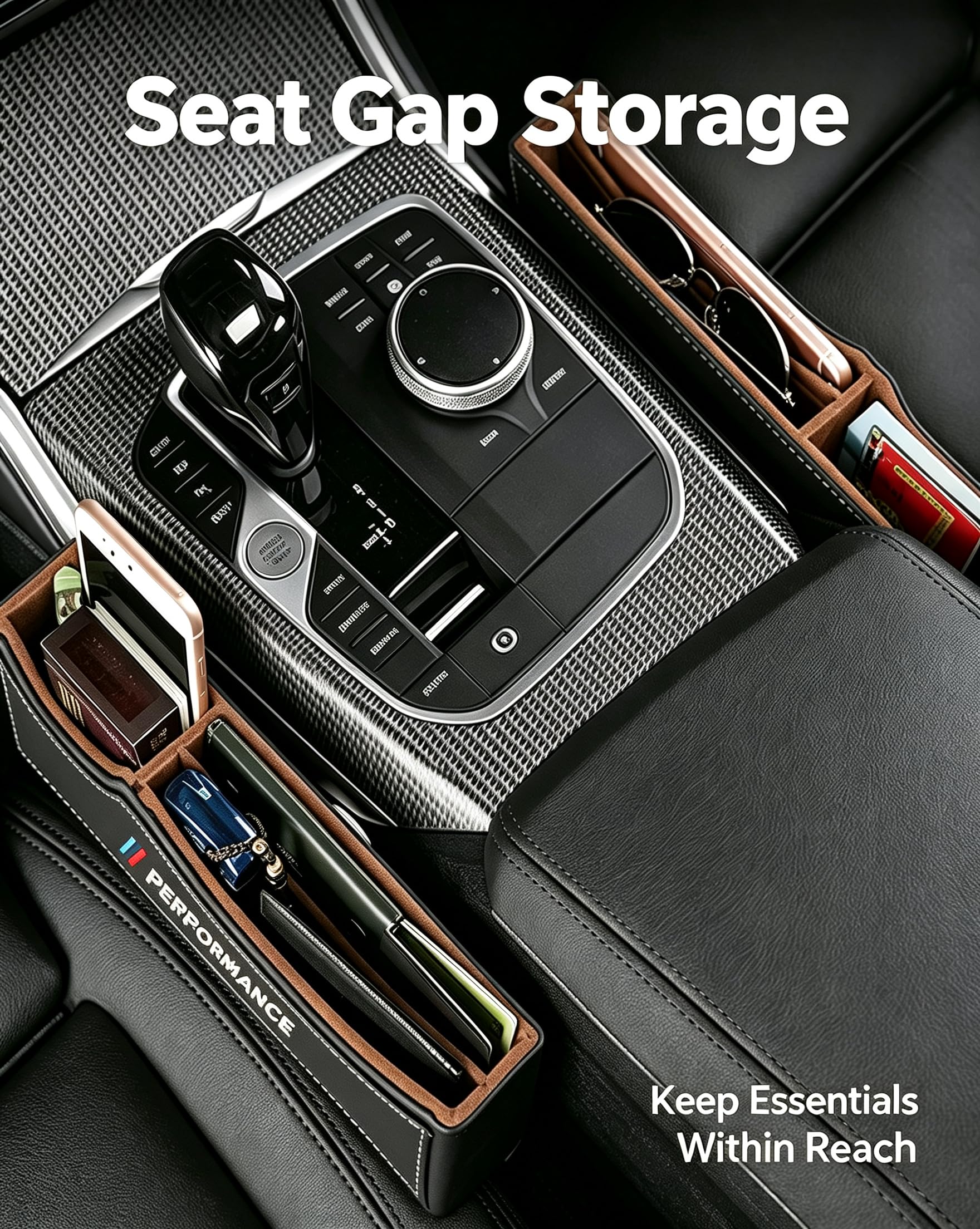 Car Seat Gap Filler top view with three compartments organized with phone and keys benefit
