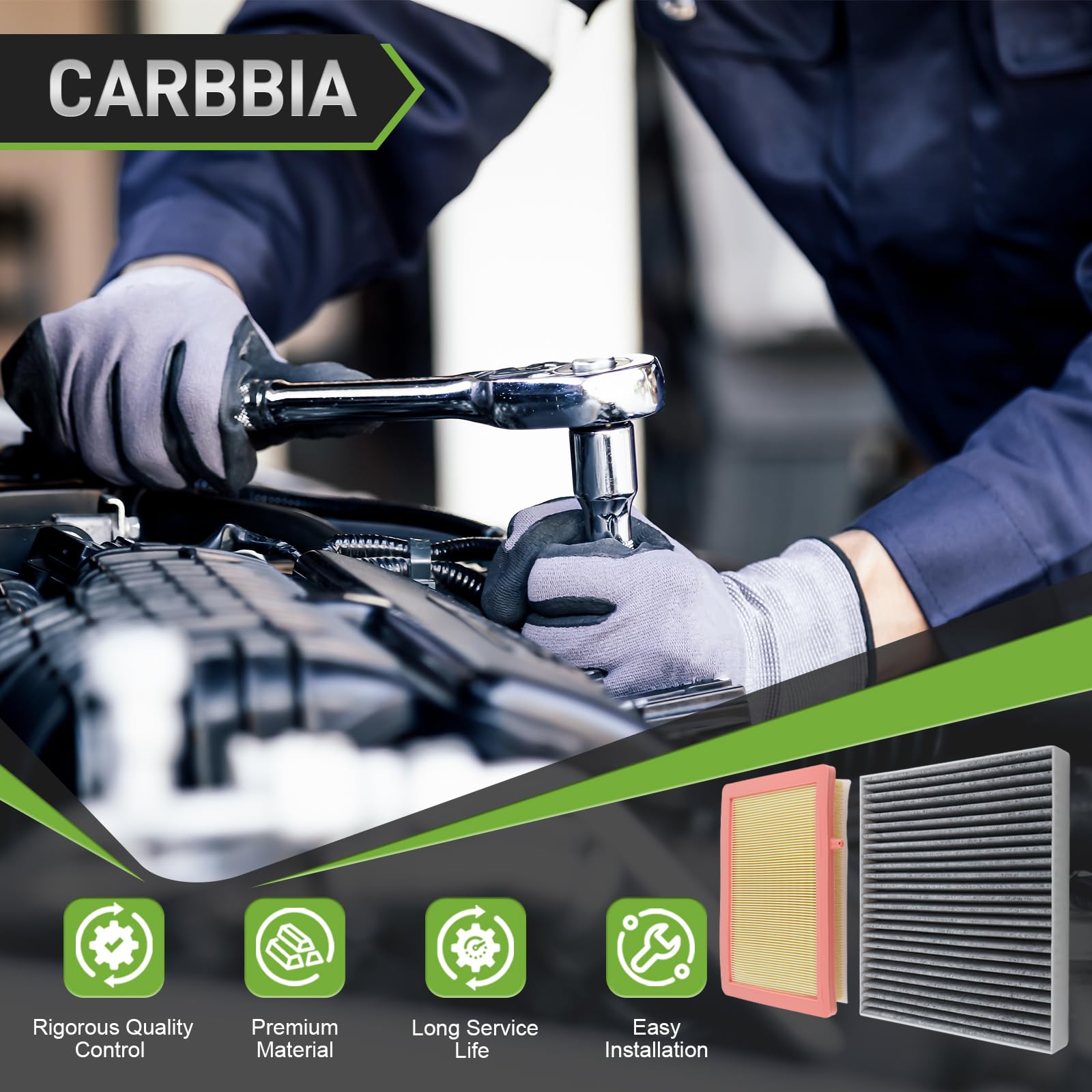 CARBBIA filters placed near vehicle engine bay to show correct fitment
