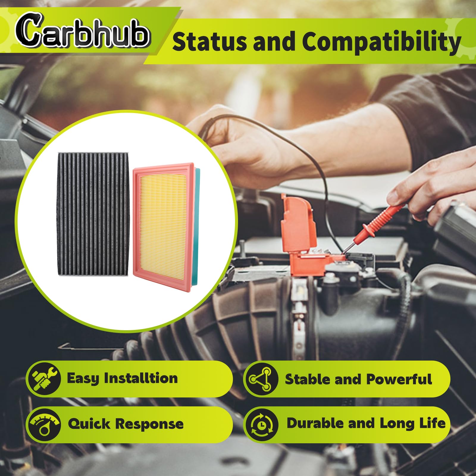 Carbhub filter installed in vehicle cowl area, demonstrating cleaner cabin air benefit