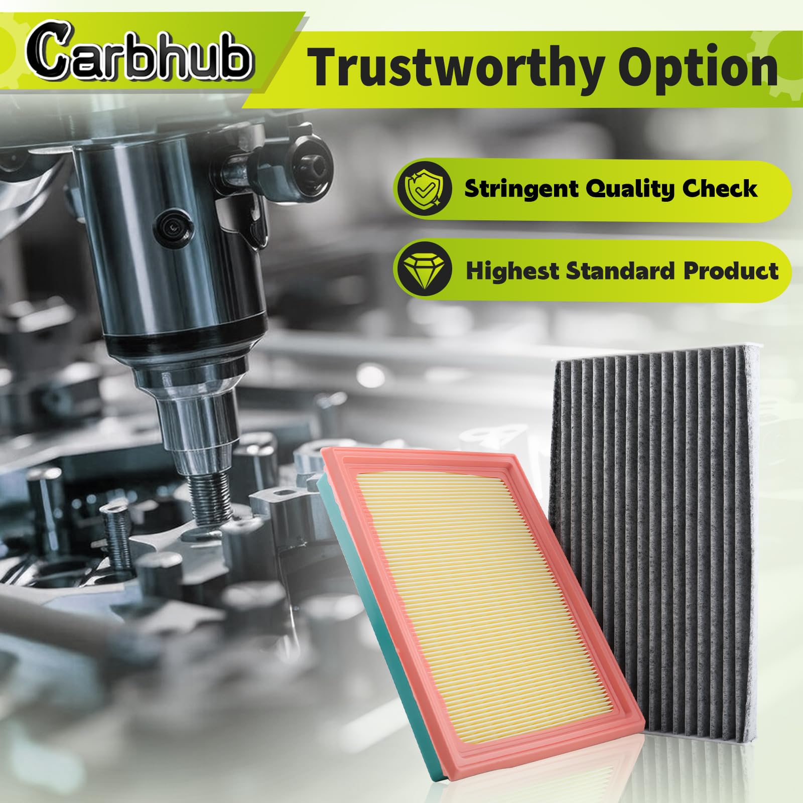 Carbhub filters next to ruler for scale, shows correct fitment for Nissan applications