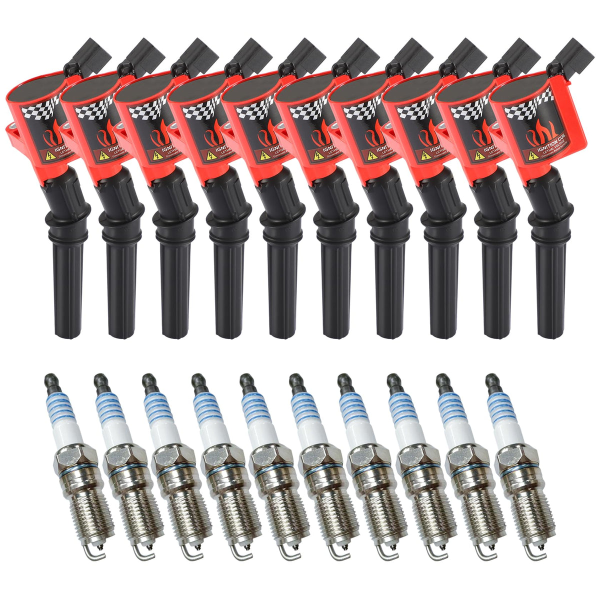 CarBole front packaging showing complete 10-coil and 10-plug kit, clear parts identification and benefit