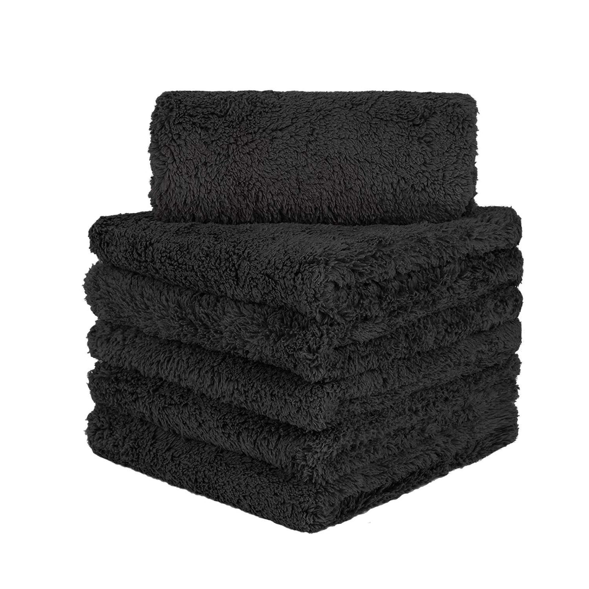 CARCAREZ front view of black edgeless towels showing pack and convenience