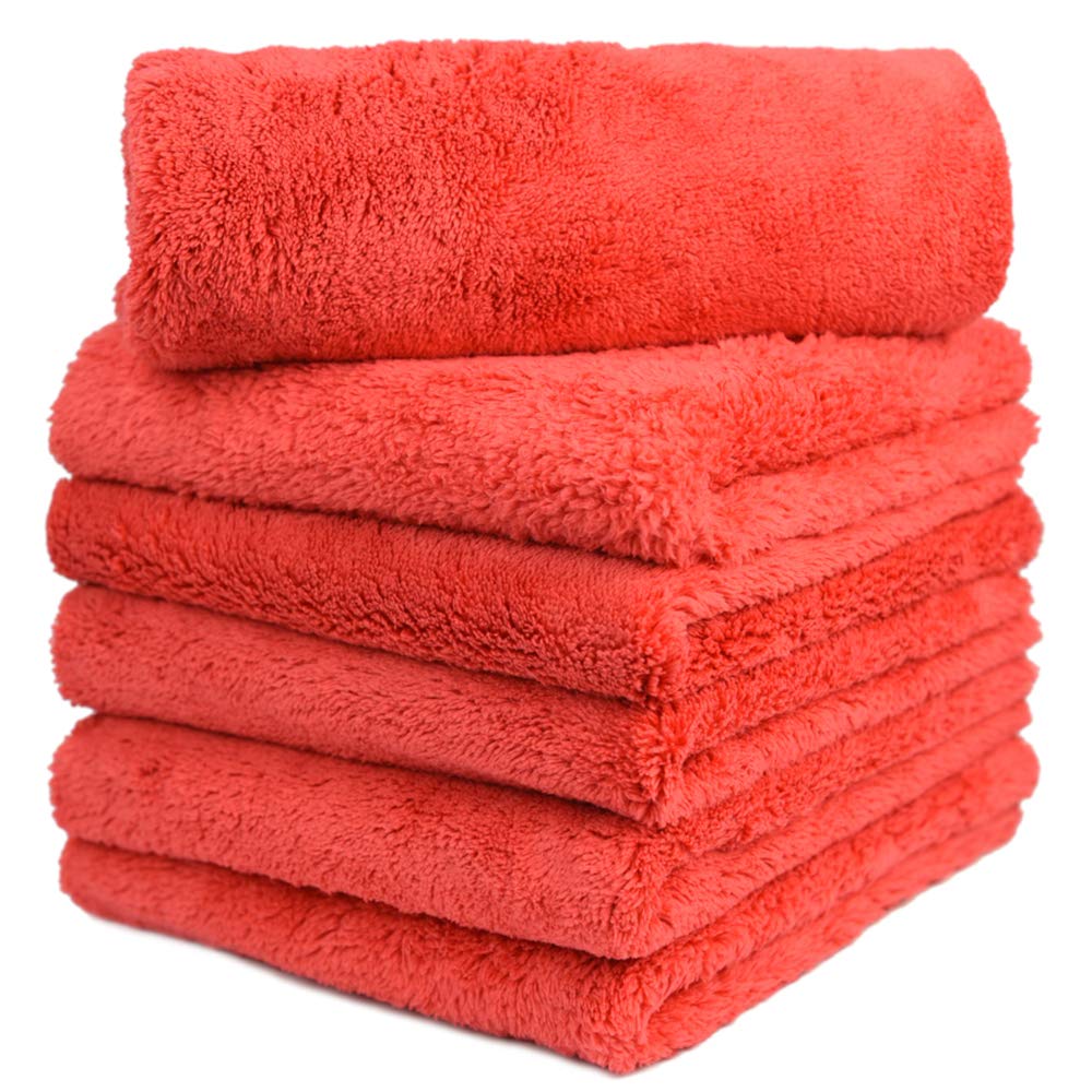 CARCAREZ front pack of six red microfiber towels showing contents and branding for fast identification